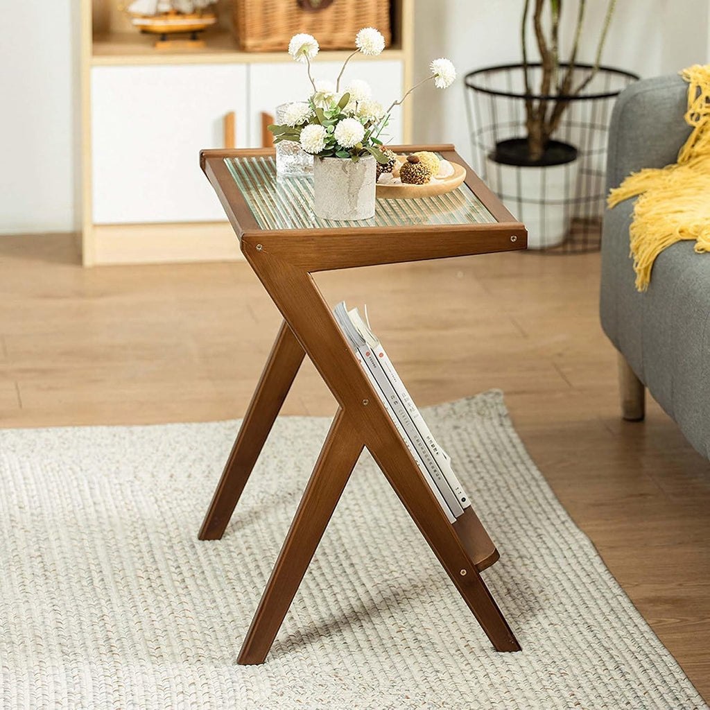 Majnesvon Rattan Side Table, Bamboo Night Stand, Z-Shaped Bamboo End Table, Tempered Glass Top, Boho End Tables for Living Room Bedroom Apartment with Magazine Rack
