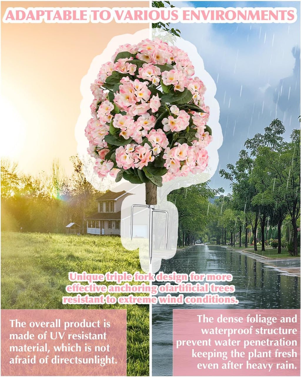 Artificial Topiary Flower Balls Outdoor Set of 2, UV Resistant Faux Outdoor Plants with Durable Metal Stakes, Realistic Bark-Textured Trunk, for Front Porch Outdoor Decor Patio Garden Decor