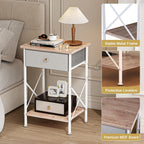 VECELO End Tables, Modern Nightstand with Fabric Drawer & Open Shelf, Night Stand for Bedroom Living Room, Industrial Metal Frame, Easy Assembly, White,1 Pack