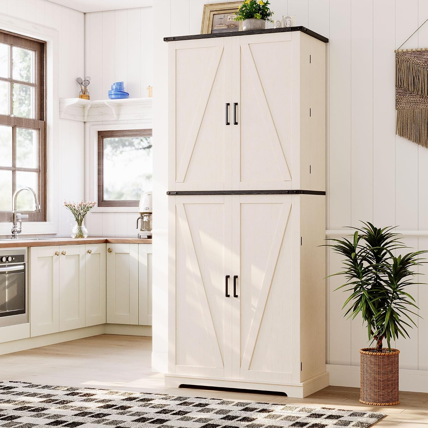 HOMPUS 71" Tall Kitchen Pantry Cabinet with Doors and Drawer, Farmhouse Storage Cabinet with Adjustable Shelves, Freestanding Wood Cupboard for Kitchen, Dining Room, Living Room, Bathroom, Off-White