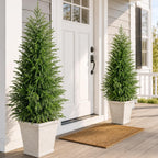 4ft Artificial Topiary Trees Set of 2, Faux Outdoor Artificial Plants UV Resistant Potted Faux Shrubs, Nofork Pine Trees with Light for Front Porch Garden