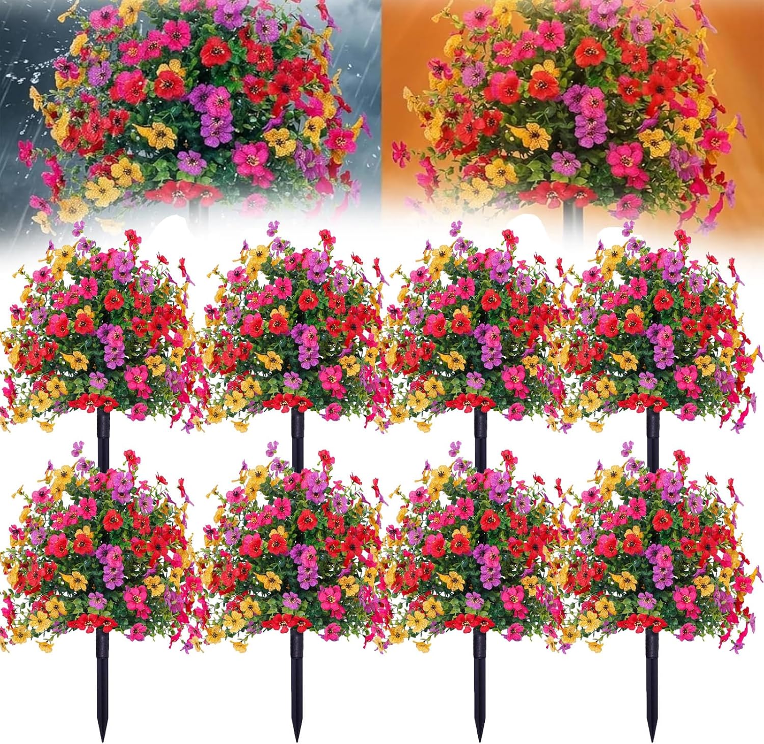 Artificial Petunias with Ground Stake, 18 Inch Artificial Flowers for Outdoors Stick in Ground, Lifelike Faux Flowers for Garden, Yard, Planter, Porch, Indoor Outdoor Home Decor (8 PCS)