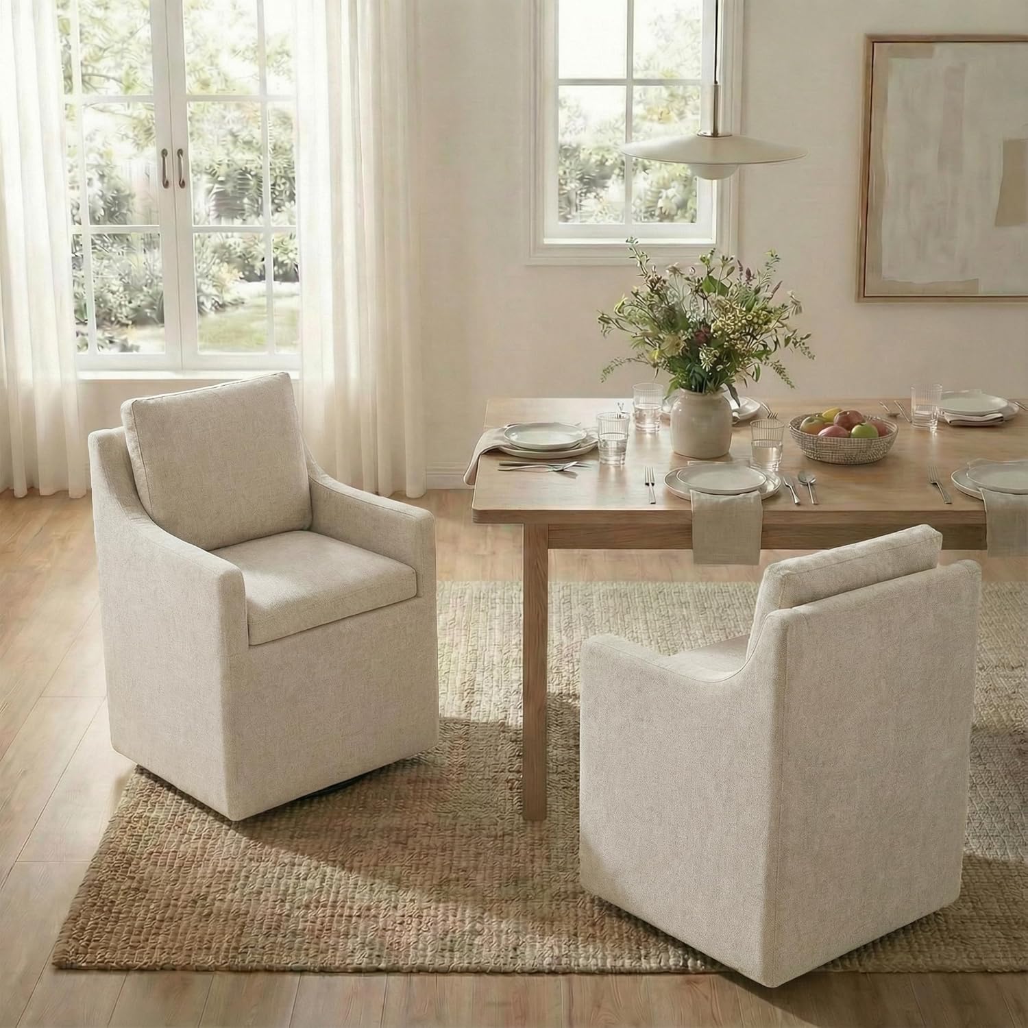 KISLOT Upholstered Dining Chairs Set of 4, Modern Dining Room Chairs with Casters & Washable Cover, Rolling Accent Chair with Hidden Storage for Kitchen, Farmhouse, Living Room, Linen, 4 Box