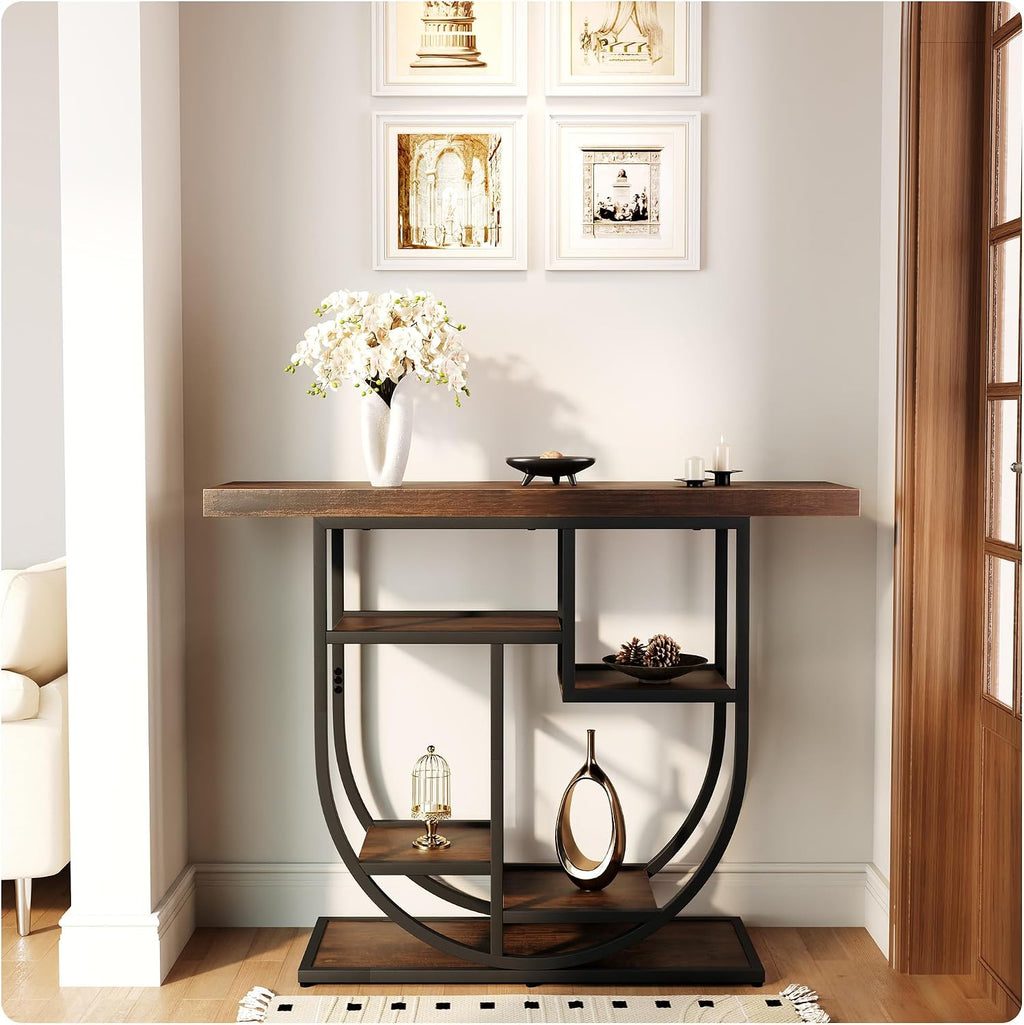 41.3-inch Entryway Console Table, Industrial-Style Sofa Table with Storage, Side Table with Shelves, Suitable for Entrances, Hallways, Foyers, and Entryways, Metal Frame, Vintage Brown