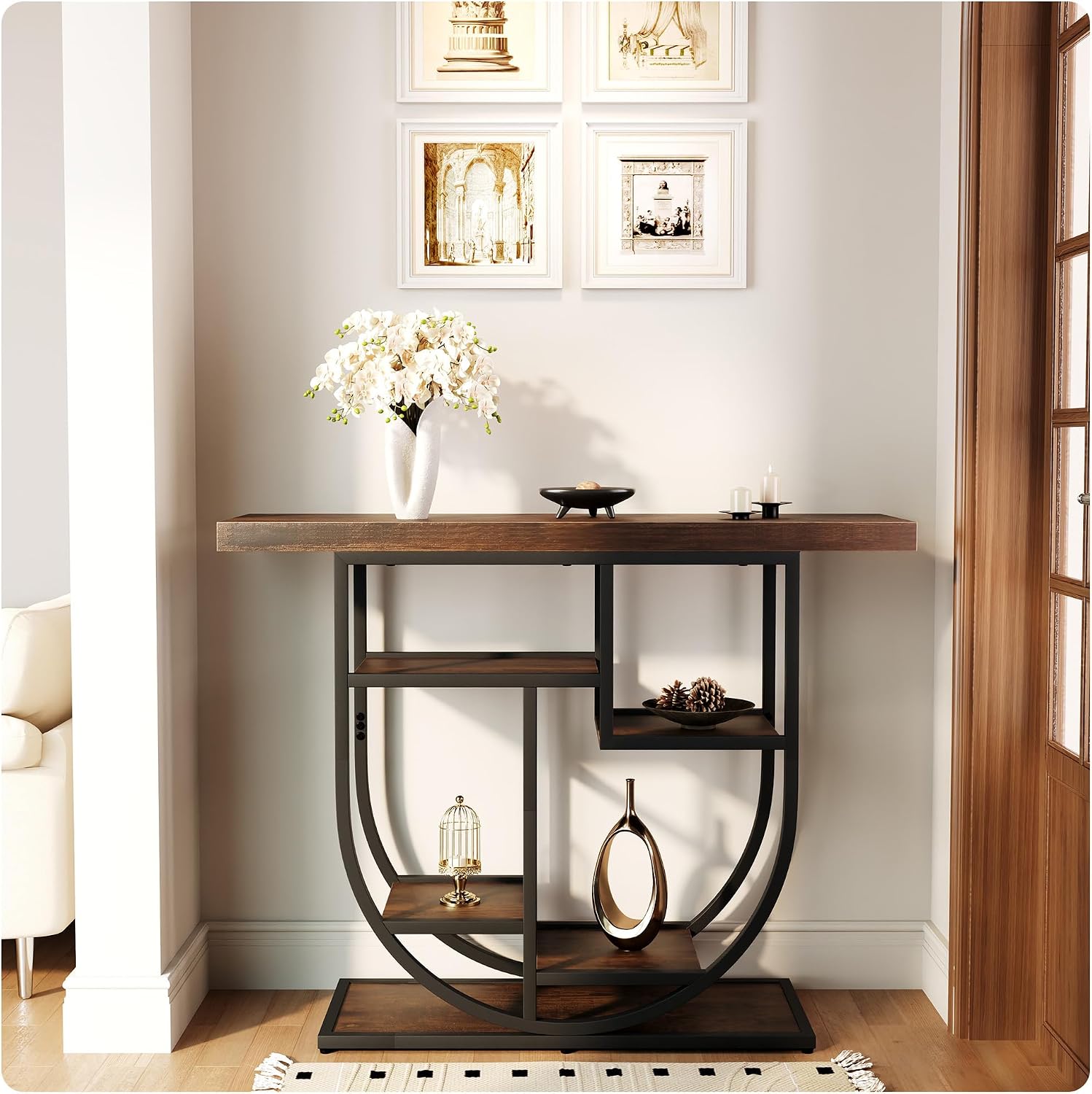 41.3-inch Entryway Console Table, Industrial-Style Sofa Table with Storage, Side Table with Shelves, Suitable for Entrances, Hallways, Foyers, and Entryways, Metal Frame, Vintage Brown
