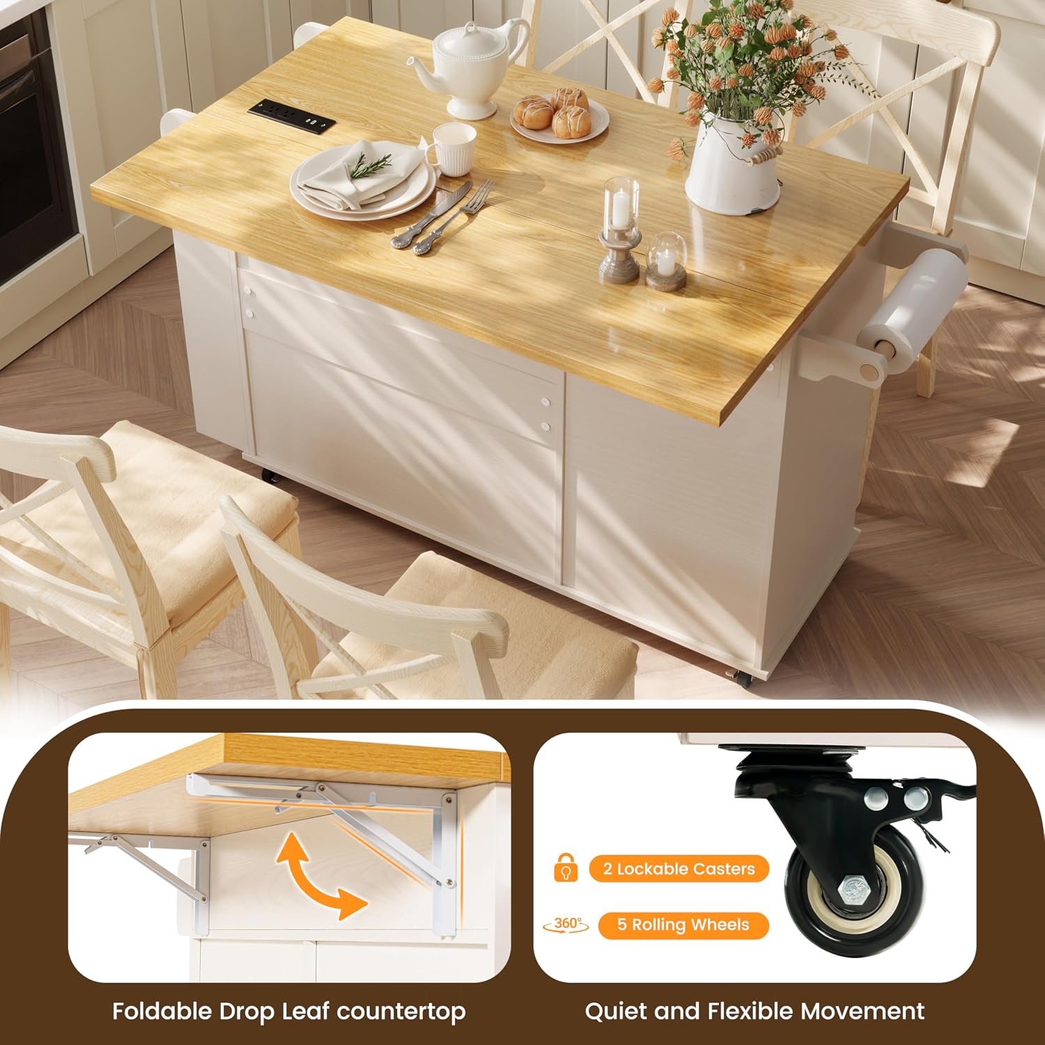COCO DESIGN 58" Rolling Kitchen Island with Power Outlet, LED Light, Drop Leaf & Storage, Mobile Kitchen Cart with Trash Cabinet, Spice Rack & Towel Rack, White