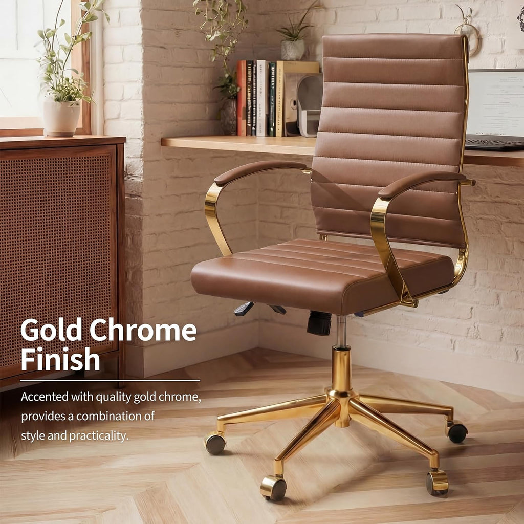 Okeysen Gold Office Desk Chair, Ergonomic Leather Modern Conference Room Chairs, Executive Ribbed Height Adjustable Swivel Rolling Golden Chair for Home Office.