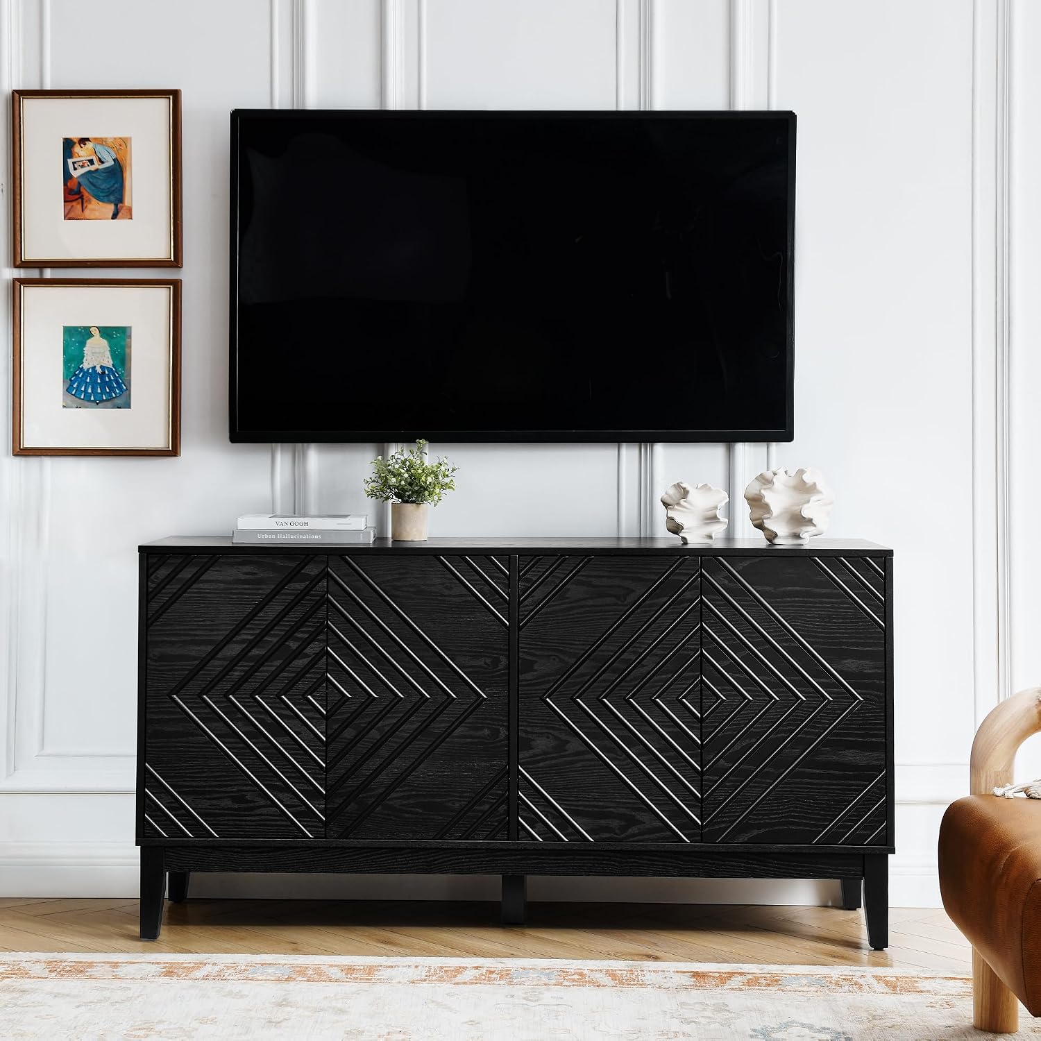 LKTART 60.5" Black Sideboard Buffet Cabinet,Modern Accent Credenza Storage Cabinet with 4 Doors, Media Console Table for Living Room Entryway
