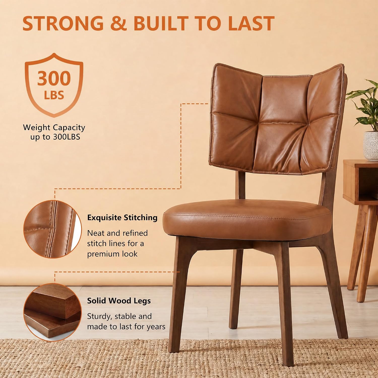 YOUNIKE Modern Dining Chairs, Upholstered Kitchen & Dining Room Chairs with Double-Layer Backrest, Wood Legs, Ergonomic Cushion Seat, (PU Leather Seat, Brown, Set of 4)