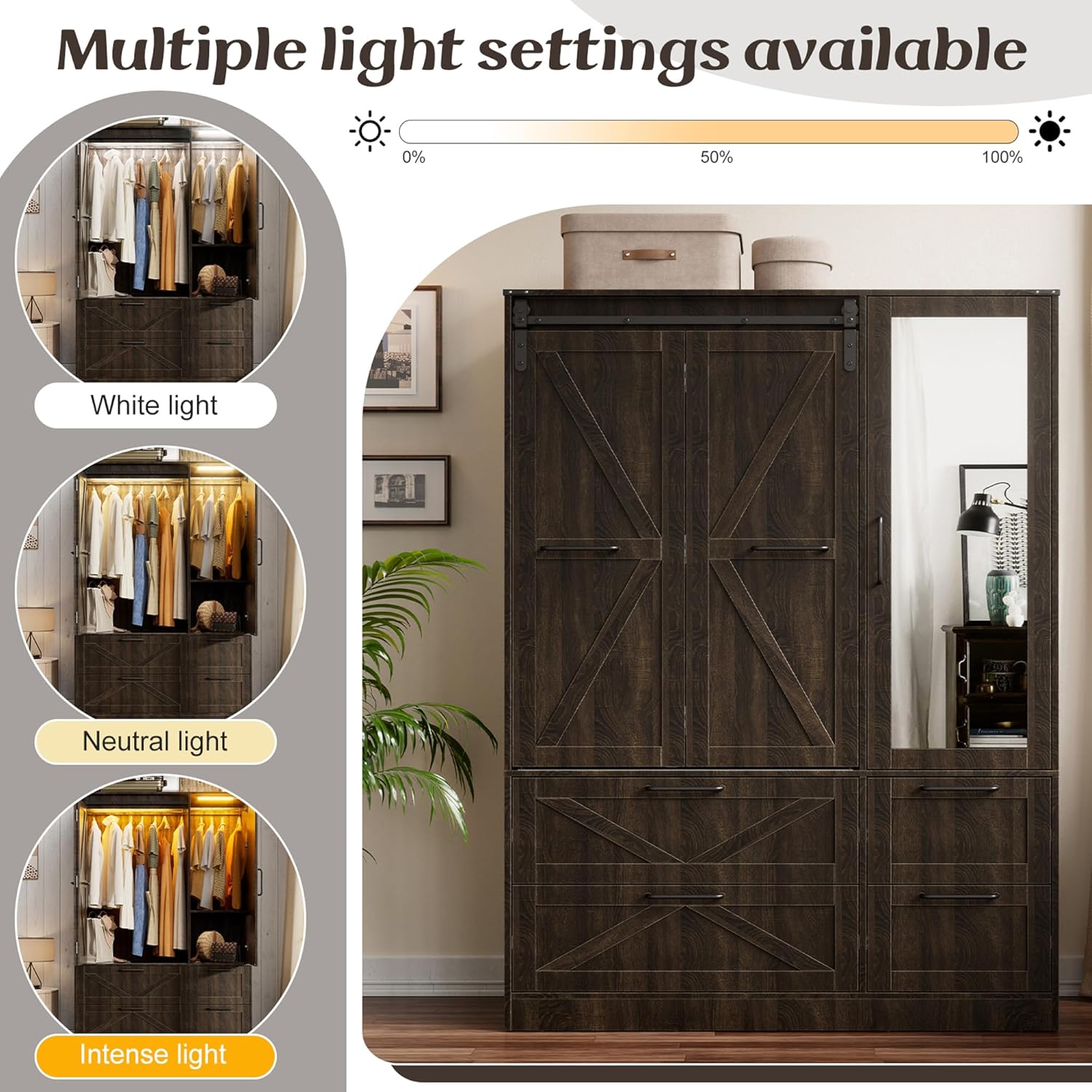 PAKASEPT Armoire Wardrobe Closet with w/Folding Sliding Barn Door | Bedroom Armoires with Mirror and LED Lights, Hanging Rod, Clothing Storage Cabinet for Bedroom (3 Doors)