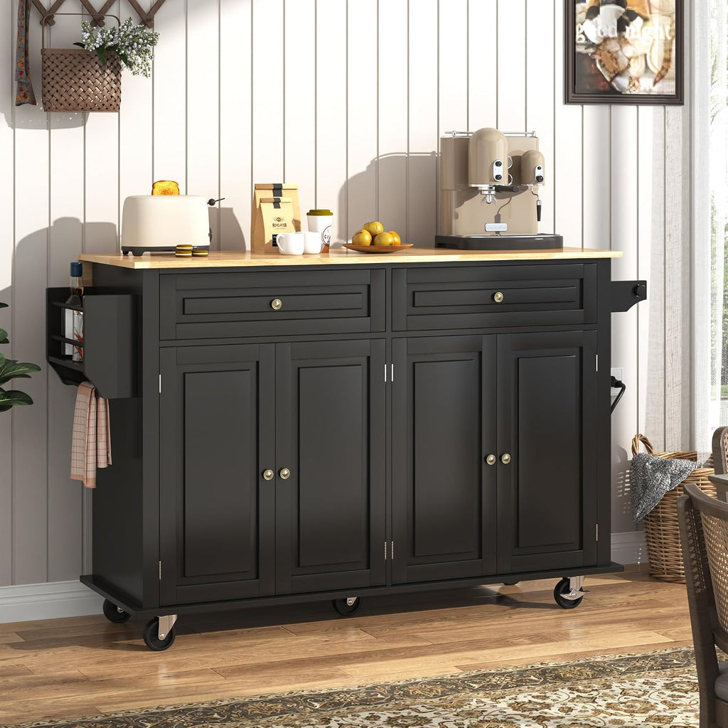 Hlivelood 59.1" Movable Kitchen Island with Drop Leaf and Power Outlet, Rolling Island Cart w/Storage Cabinet, Island Table on Wheels for Kitchen w/2 Drawers, Spice Rack, Towel Bar, Garage Hook, Black