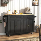 Hlivelood 59.1" Movable Kitchen Island with Drop Leaf and Power Outlet, Rolling Island Cart w/Storage Cabinet, Island Table on Wheels for Kitchen w/2 Drawers, Spice Rack, Towel Bar, Garage Hook, Black