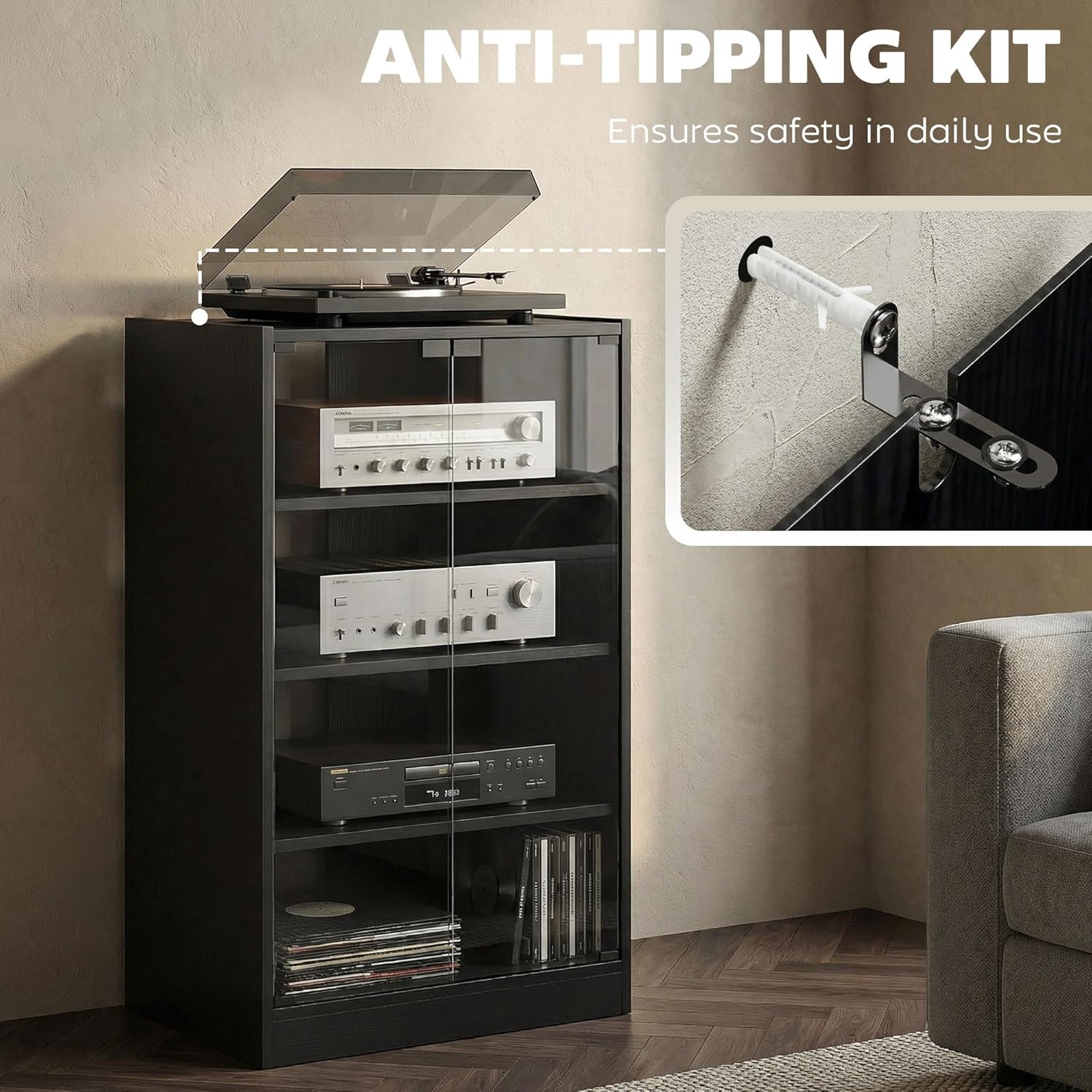 HOMCOM Media Cabinet, 4-Tier Stereo Cabinet for Vinyl Record Player, Gaming Console, AV Record Player Stand with Adjustable Shelves, Push-to-Open Glass Doors and Cable Management, Distressed Black