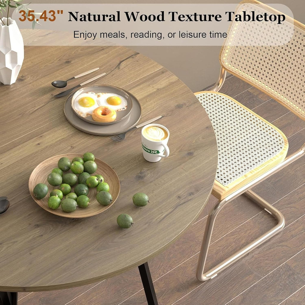Round Dining Table Set for 4, Rustic 36" Circle Kitchen Table and 4 Gray Linen-Cotton Dining Chairs, Solid Metal Frame, Space Saving Wood Small Kitchen & Dining Room Furniture