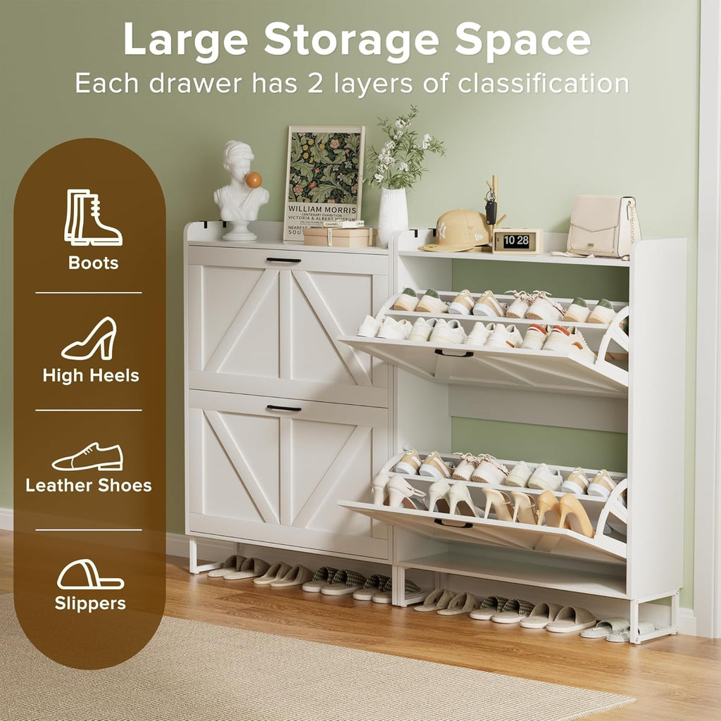 Urban Deco Shoe Storage Cabinet for Entryway, 2 Flip Drawers Shoe Organizer, Elegant 2-Tier Freestanding Shoe Cabinet with Anti-Tipping Design (White)