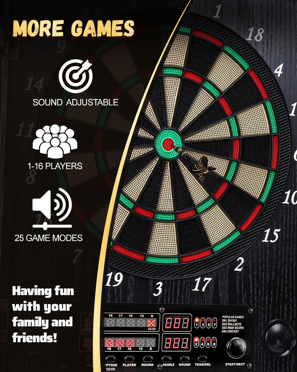 Electronic Dart Board, Decorative Dart Board Cabinet Set for Adults [12*Bronze Soft Tip Darts] [Cricket Game Mode]- Wooden Electric Dartboard Cabinet