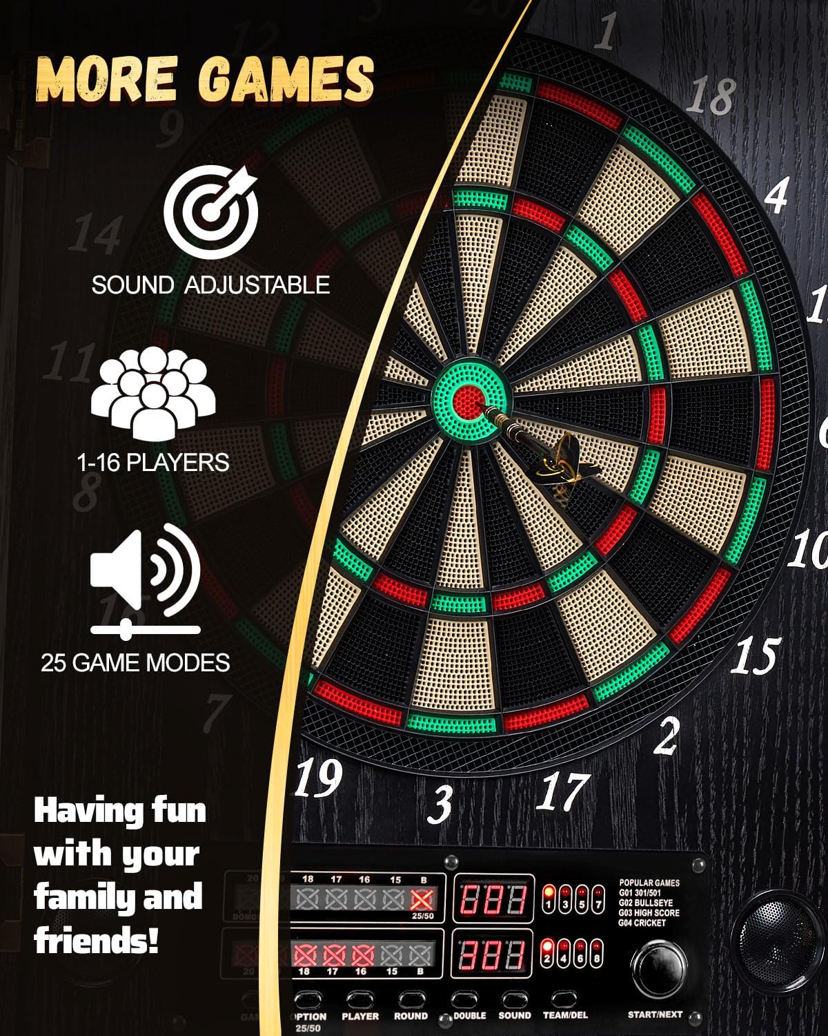 Electronic Dart Board, Decorative Dart Board Cabinet Set for Adults [12*Bronze Soft Tip Darts] [Cricket Game Mode]- Wooden Electric Dartboard Cabinet