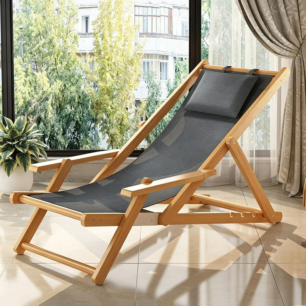 Kids Lounge Chair Outdoor, Wooden Frame with Canvas Fabric, Outdoor Folding Deck Chair for Kids Ages 5+, Portable & Lightweight for Backyard, Poolside(Black1)