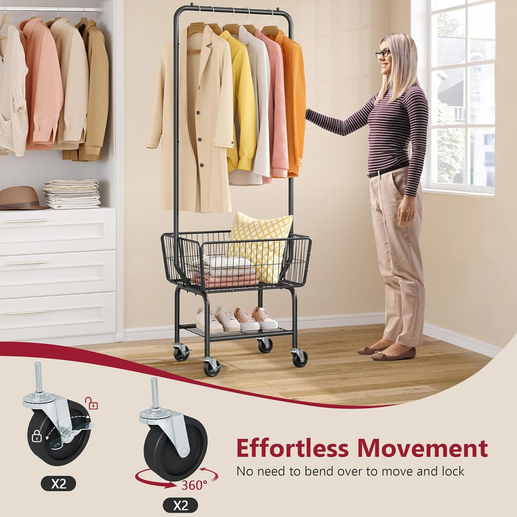 Tajsoon Laundry Cart with Hanging Rack, Metal Laundry Basket with Wheels, Laundry Hamper with Storage Basket and Shelf, Rolling Laundry Cart with Wheels, Black