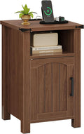Farmhouse Nightstand with Charging Station, End Table with USB/Type-C Ports and Power Outlets, Rustic Bedside Table with Large Storage and Open Shelf, Modern Side Table for Bedroom, Walnut