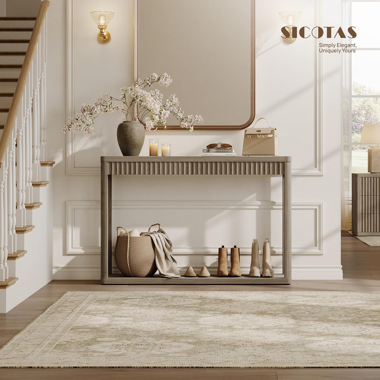 SICOTAS Entryway Table with Storage Shelf, Modern Console Table, Fluted Narrow Entry Table 94.64" Entry Way Table, Wooden Couch Table Behind Sofa for Living Room Hallway Entrance Foyer, Grey Alder