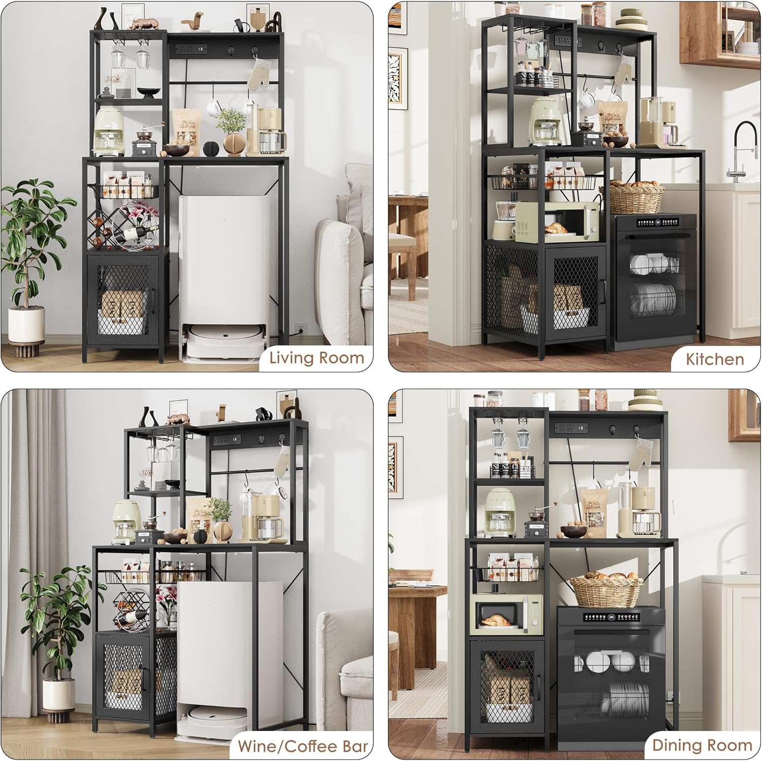 IDEALHOUSE Kitchen Bakers Rack with Refrigerator Storage Space, Industrial Microwave Stand with Power Outlet, Freestanding Kitchen Shelf for Pantry Living Room, 33.9 x 19.7 x 58.1 Inches, Black