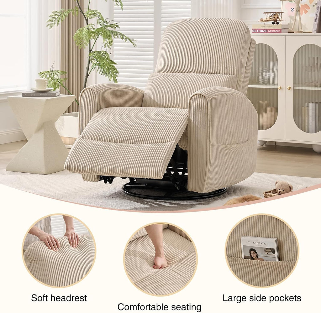 Power Swivel Rocker Recliner, Swivel Glider Nursery Electric Recliner Chair with Lumbar Support, Upholstered Rocking Recling Chairs for Adults Nursery, Living Room, Bedroom, Corduroy Camel