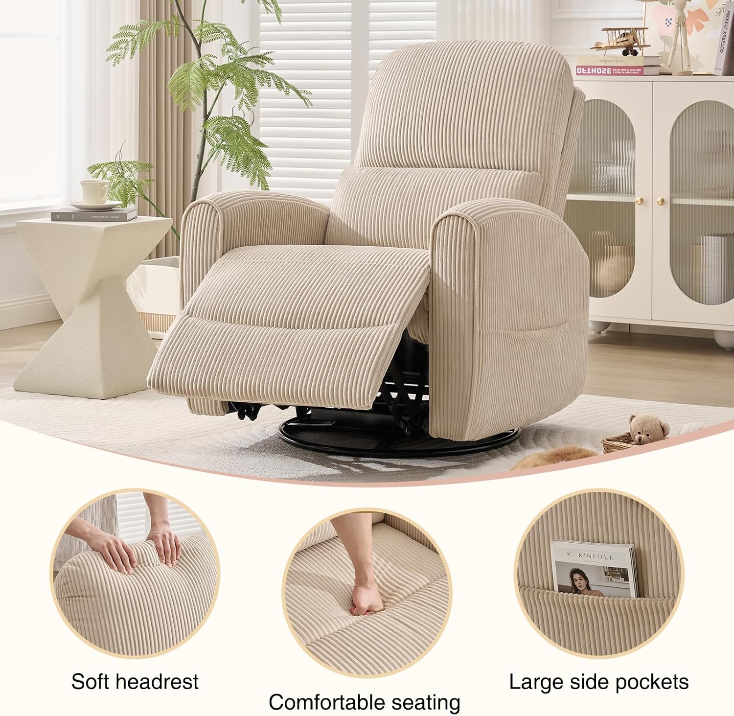 Power Swivel Rocker Recliner, Swivel Glider Nursery Electric Recliner Chair with Lumbar Support, Upholstered Rocking Recling Chairs for Adults Nursery, Living Room, Bedroom, Corduroy Camel