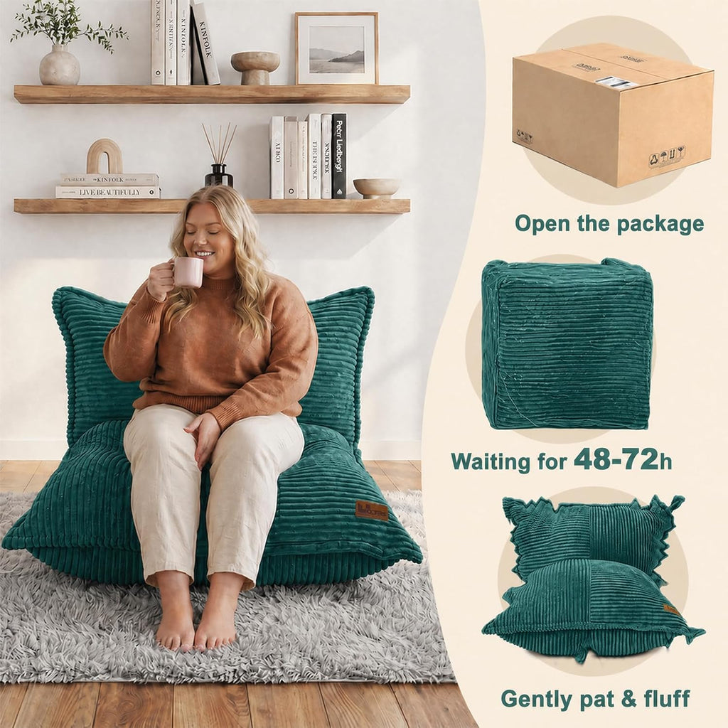 L-Shaped Oversized Bean Bag Chair, Fluffy Memory Foam Beanbag with Corduroy Fabric for Adults Teens Kids, Lightweight Lounge Floor Sofa Chair for Living Room Bedroom - Green