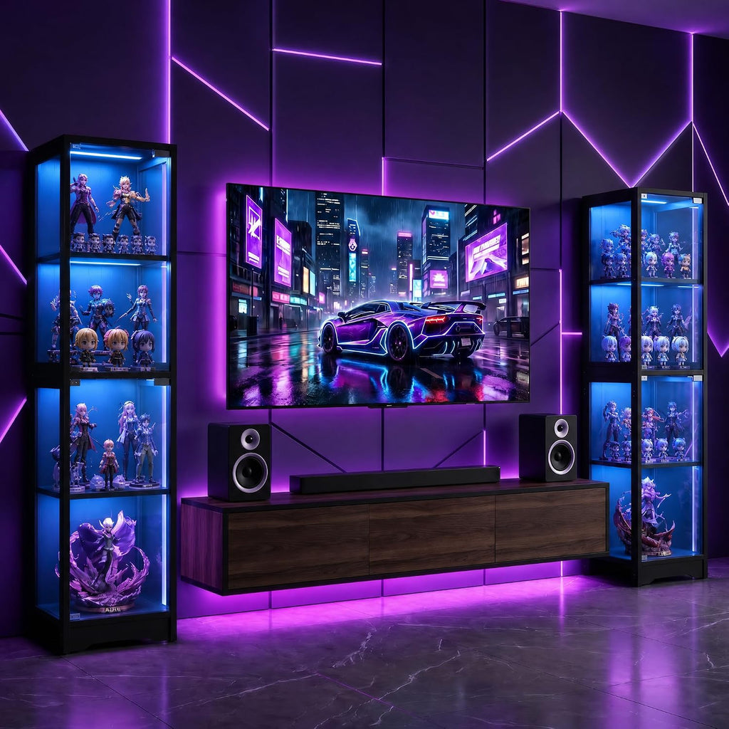 DreamDashio Display Cabinet with Glass Doors, 4-Tier Curio Cabinet with App RGB Lights for Collectibles, Display Case with Human Body Sensor, Corner Cabinet, Bookcase, Storage Cabinets, Black