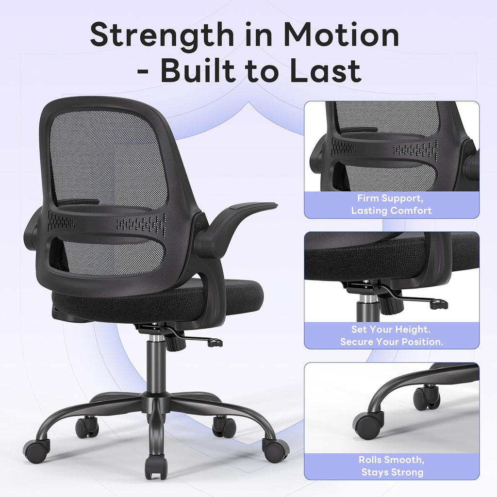 amseatec Ergonomic Mesh Office Chair, Flip-Up Arms, Adjustable Height, Breathable Mesh Back & Thick Cushion Seat, 360 Swivel Rolling Computer Desk Chair, BIFMA Certified, Supports 300 lbs, Black