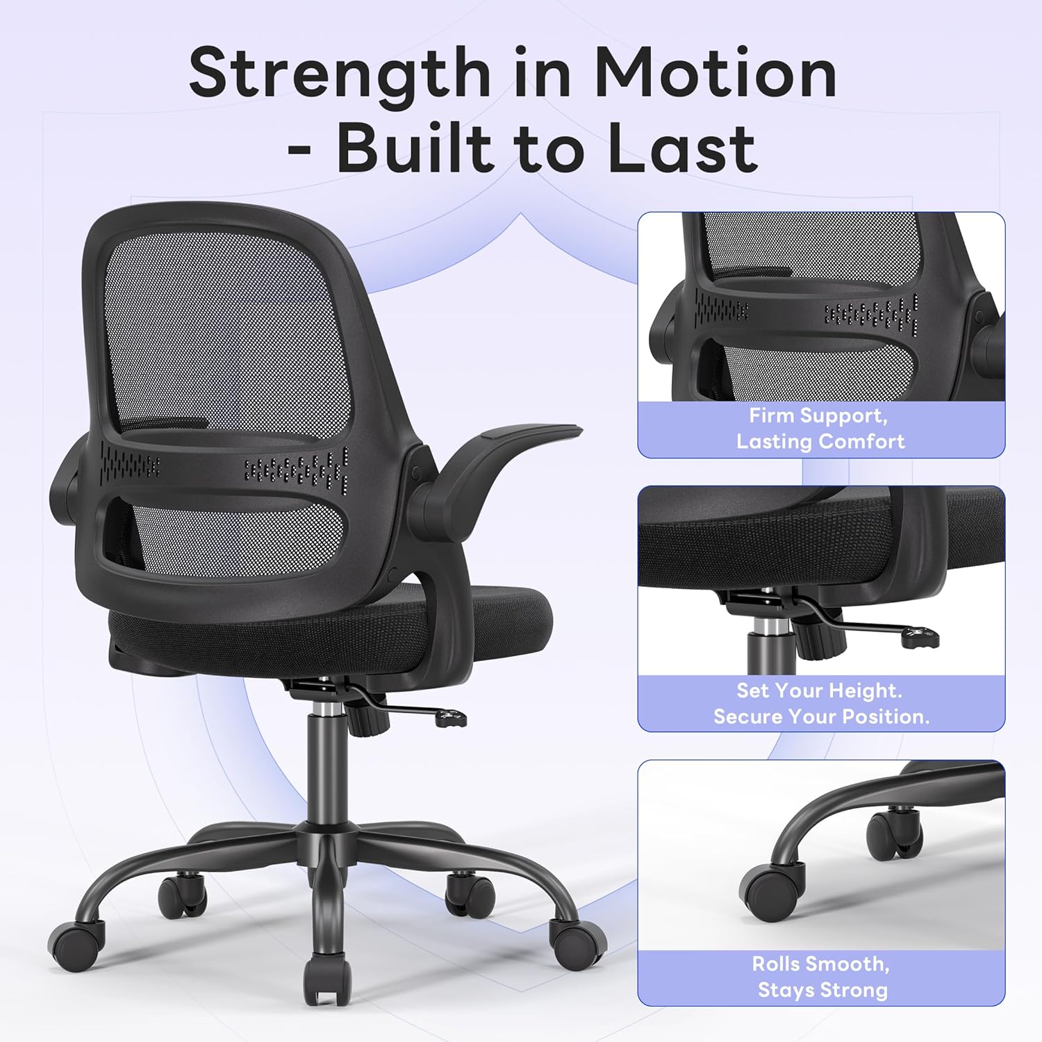 amseatec Ergonomic Mesh Office Chair, Flip-Up Arms, Adjustable Height, Breathable Mesh Back & Thick Cushion Seat, 360 Swivel Rolling Computer Desk Chair, BIFMA Certified, Supports 300 lbs, Black