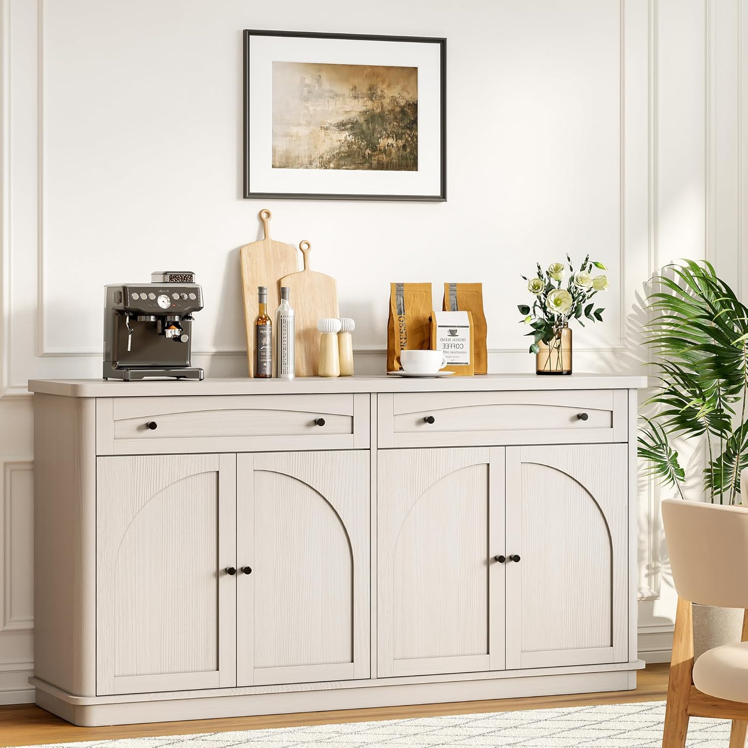 ONBRILL 63 Inch Buffet Cabinet with Storage, Curved Sideboard Cabinet with 2 Drawers and 4 Arched Doors, Storage Cabinets with Adjustable Shelves, Sideboard Buffet for Living Room, Kitchen, Grey Oak