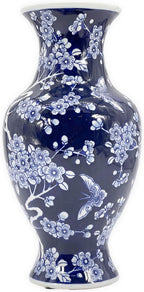 Galt International 14” Hand Painted Chinoiserie Ceramic Vase – Antique Style Porcelain Flower Bottle by Galt International, Fishtail Chinese Vase for Home Decor & Centerpiece - Dark Blue Floral