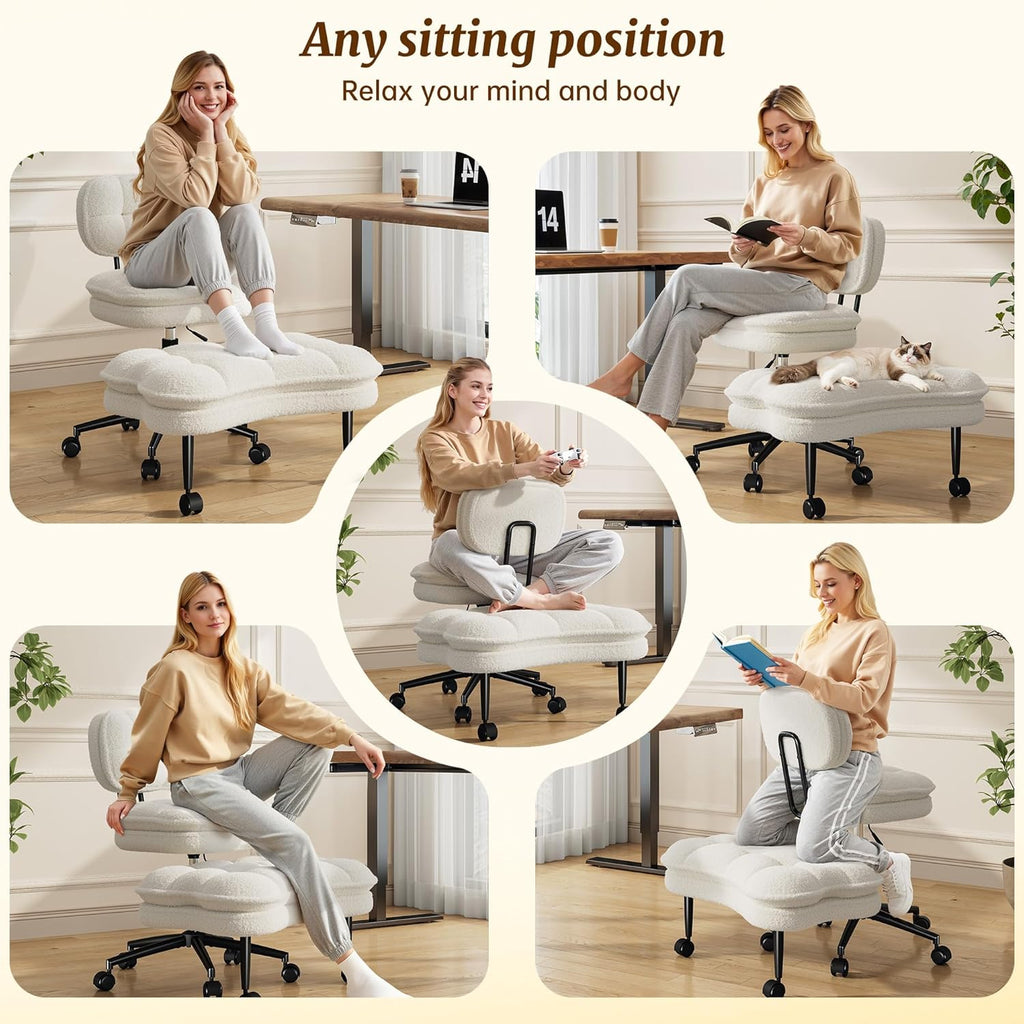 DurayLoly Cross Legged Office Chair, 360 Swivel, Folding Footrest, 5.12" Dual-Layer Plush Cushion, Height Adjustable, 300 lbs Capacity, Lumbar Support, Meditation Kneeling Chair, Off White