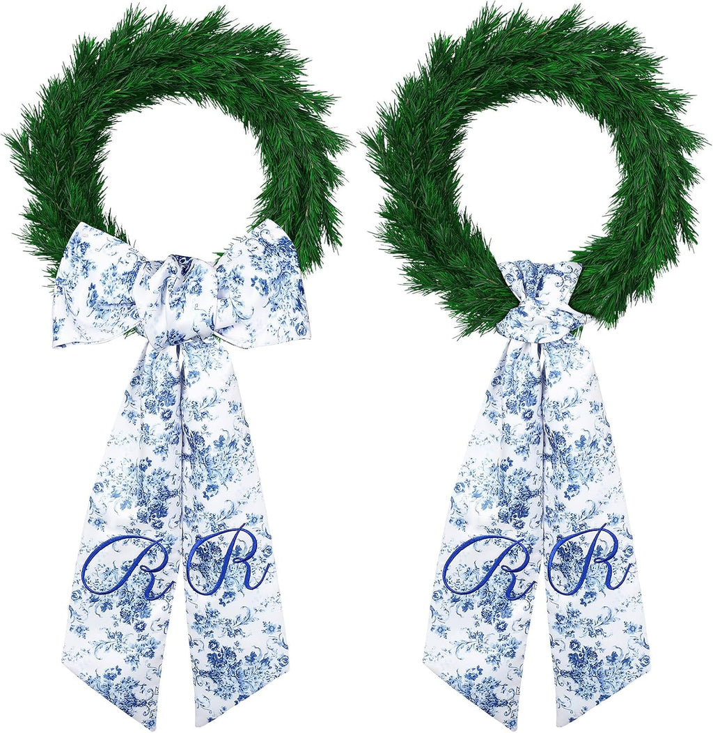 Mindsoft 2 Pcs Monogram Wreath Sashes for Front Door Letter R Embroidery Chinoiserie Wreath Sash 56.2 Inch Blue and White Door Decorations for Porch Yard Bridal Shower Housewarming Gift