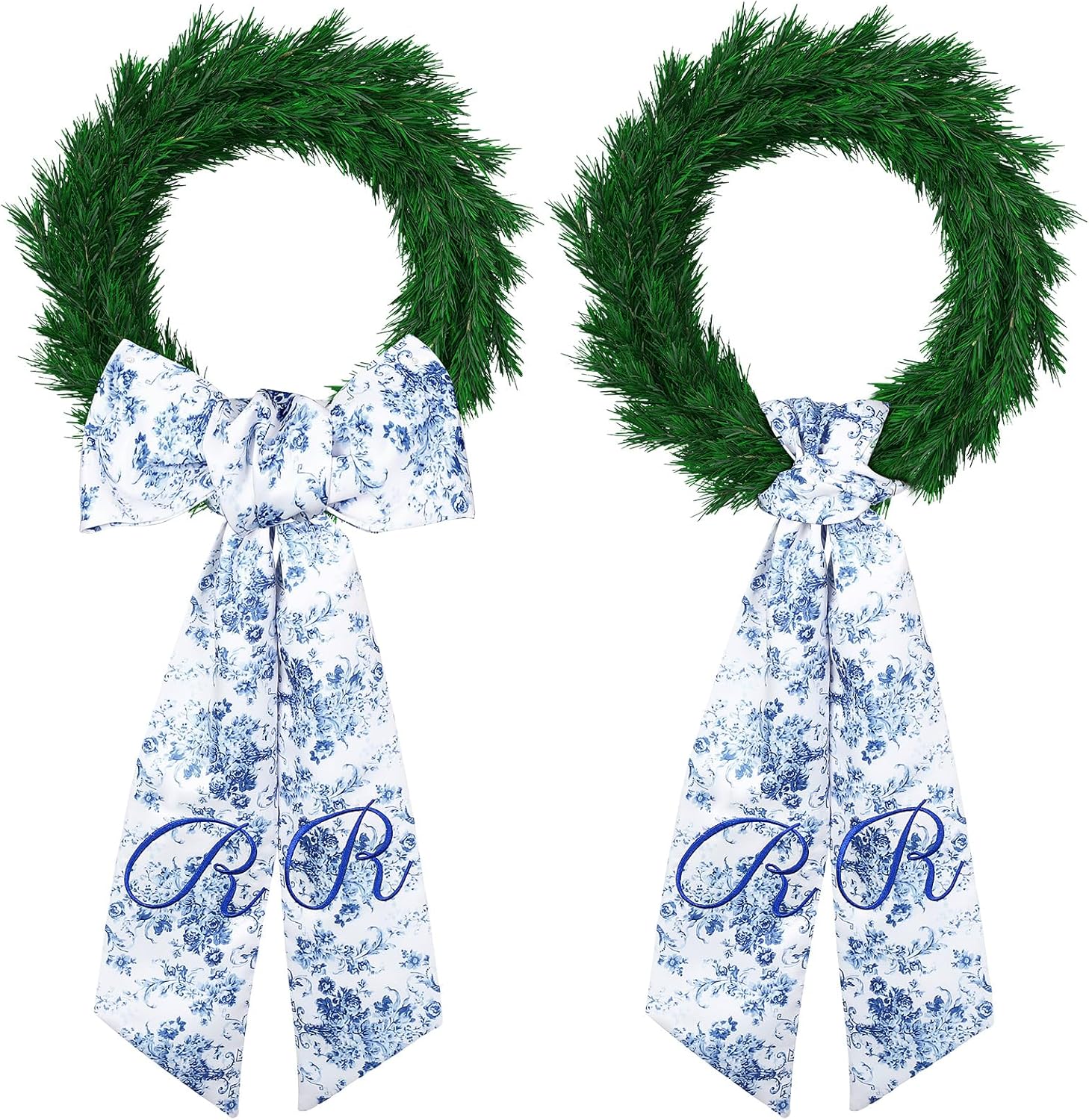 Mindsoft 2 Pcs Monogram Wreath Sashes for Front Door Letter R Embroidery Chinoiserie Wreath Sash 56.2 Inch Blue and White Door Decorations for Porch Yard Bridal Shower Housewarming Gift