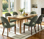 Wooden Dining Chairs Set of 6, Upholstered Kitchen Chairs with Walnut Wood Legs and Curved Linen Fabric Backrest, Modern Farmhouse Dining Room Chairs for Kitchen & Restaurant, Green