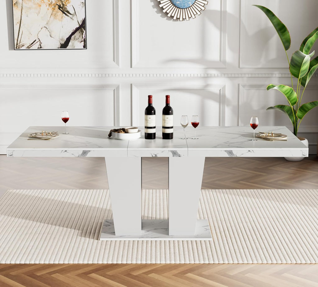 White Faux Marble Dining Room Table Set for 4, 5-Piece 63"-78.74" Extendable Dining Table Set with 4 Chairs, Rectangle Wooden Expanding Kitchen Table and Grey Upholstered Chairs Set