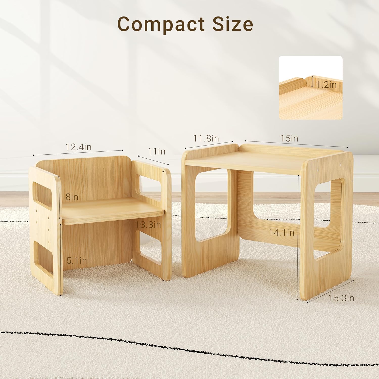 Tilhumt Montessori Weaning Table and Chair Set - 3 Adjustable Height Kids Activity Table with Fence Wood Toddler Table and Chair Set for 1-3 Age Kids for Read, Playing, Eating, Step Stool