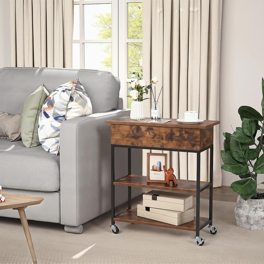Giantex Lift Top End Table with Charging Station, Narrow Side Table with Hidden Storage, USB and Type-C Ports, Rolling Sofa Table with Lockable Wheels for Living Room Bedroom, Rustic Brown