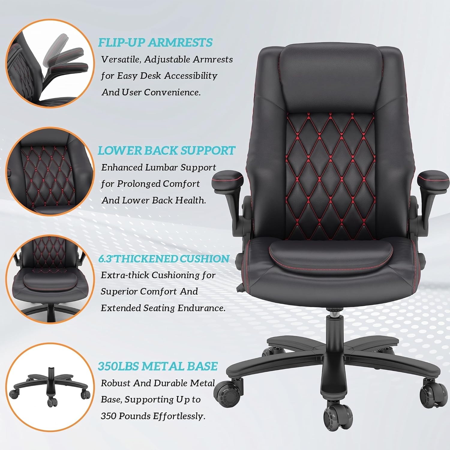 GYI Office Chair, Ergonomic Computer Desk Chair, Leather Executive Office Chair with High Back, Lumbar Support, Flip-up Arms, Wide and Thick Padded Seat, Heavy Duty Base, Rubber Wheels, Black