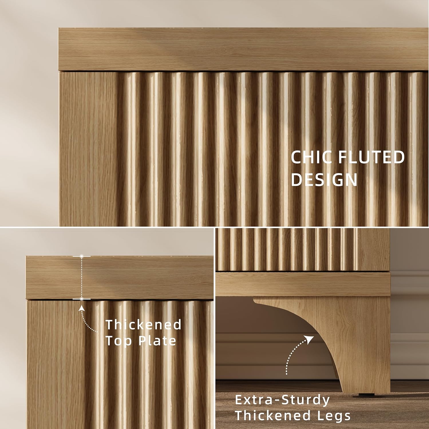 Mid Century Modern Fluted Buffet Cabinet with Storage, Accent Sideboard and Credenza Storage Cabinet with Doors, Wood Coffee Bar Console for Kitchen, Living Room (Oak, 47" 3-Door)