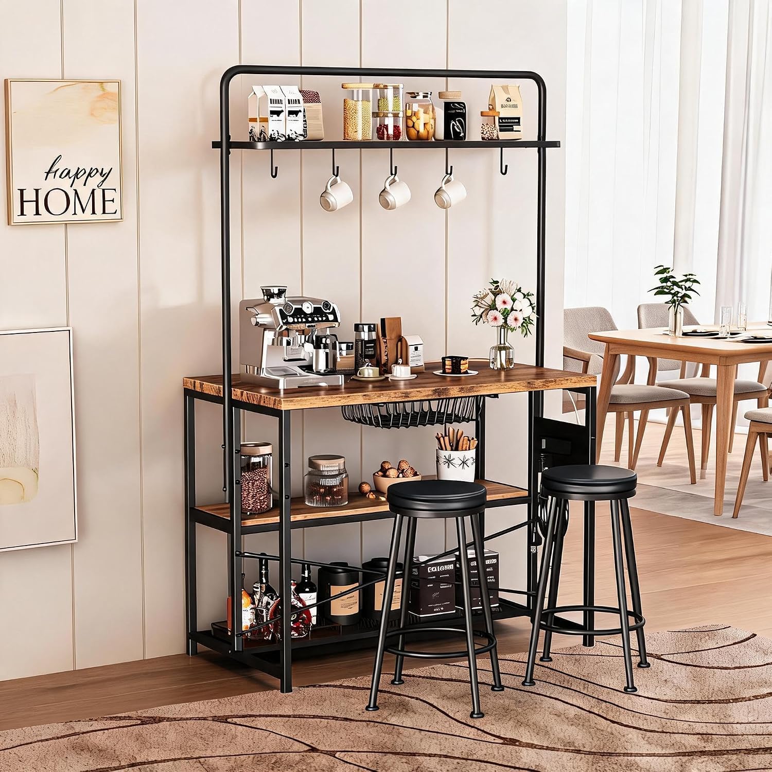 Garvee 3-Tier Small Kitchen Island with Power Outlet&2 Bar Stools, Vintage | Industrial Bakers Rack with 5 Hooks, adjustable Microwave Stand Coffee Bar Table for Dining Room, Living Room, Apartment