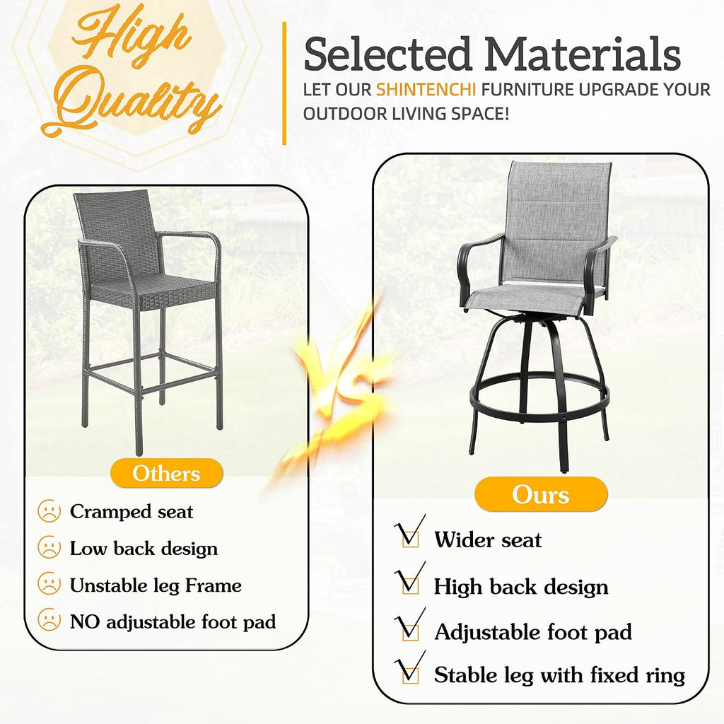 Shintenchi 4 Piece Patio Swivel Bar Chairs, All Weather Padded Textile Outdoor Metal Bar Stools Patio Chairs Set of 4, High Top Bistro Set Furniture for Balcony, Backyard, Lawn Garden, Deck,Light Grey