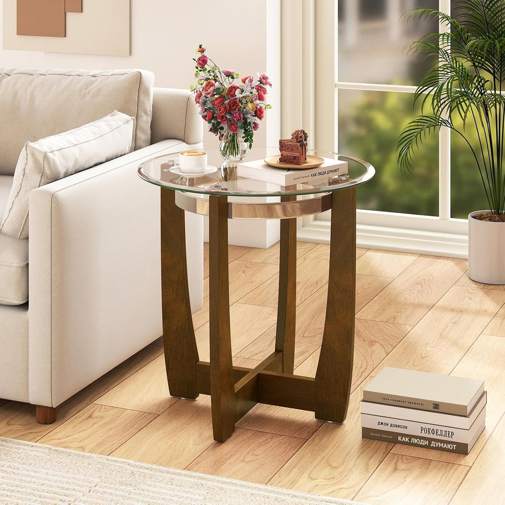 Giantex Round Glass End Table Set of 2, 24’’ Side Table with Tempered Glass Top, Nightstands with Cross & Solid Rubber Wood Base, Compact Bedside Night Stand for Bedroom Office Living Room (2, Walnut)