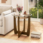 Giantex Round Glass End Table Set of 2, 24’’ Side Table with Tempered Glass Top, Nightstands with Cross & Solid Rubber Wood Base, Compact Bedside Night Stand for Bedroom Office Living Room (2, Walnut)