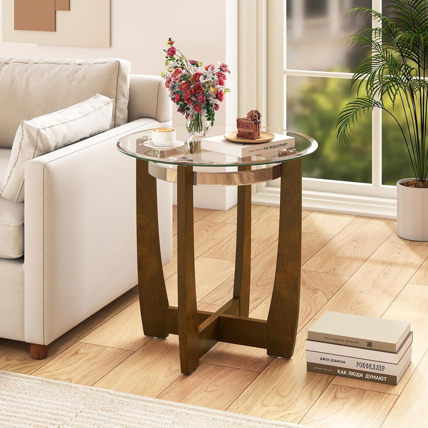 Giantex Round Glass End Table Set of 2, 24’’ Side Table with Tempered Glass Top, Nightstands with Cross & Solid Rubber Wood Base, Compact Bedside Night Stand for Bedroom Office Living Room (2, Walnut)