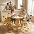 Kids Table and 4 Chairs, Wooden Stable Table and Chair Set (Elephant&Leopard&Lion&Zebra), Ideal for Arts & Crafts, Snack Time, Homeschooling, Homework & More