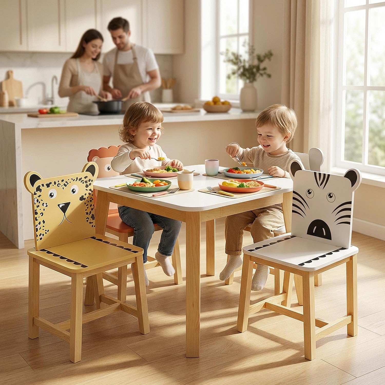 Kids Table and 4 Chairs, Wooden Stable Table and Chair Set (Elephant&Leopard&Lion&Zebra), Ideal for Arts & Crafts, Snack Time, Homeschooling, Homework & More